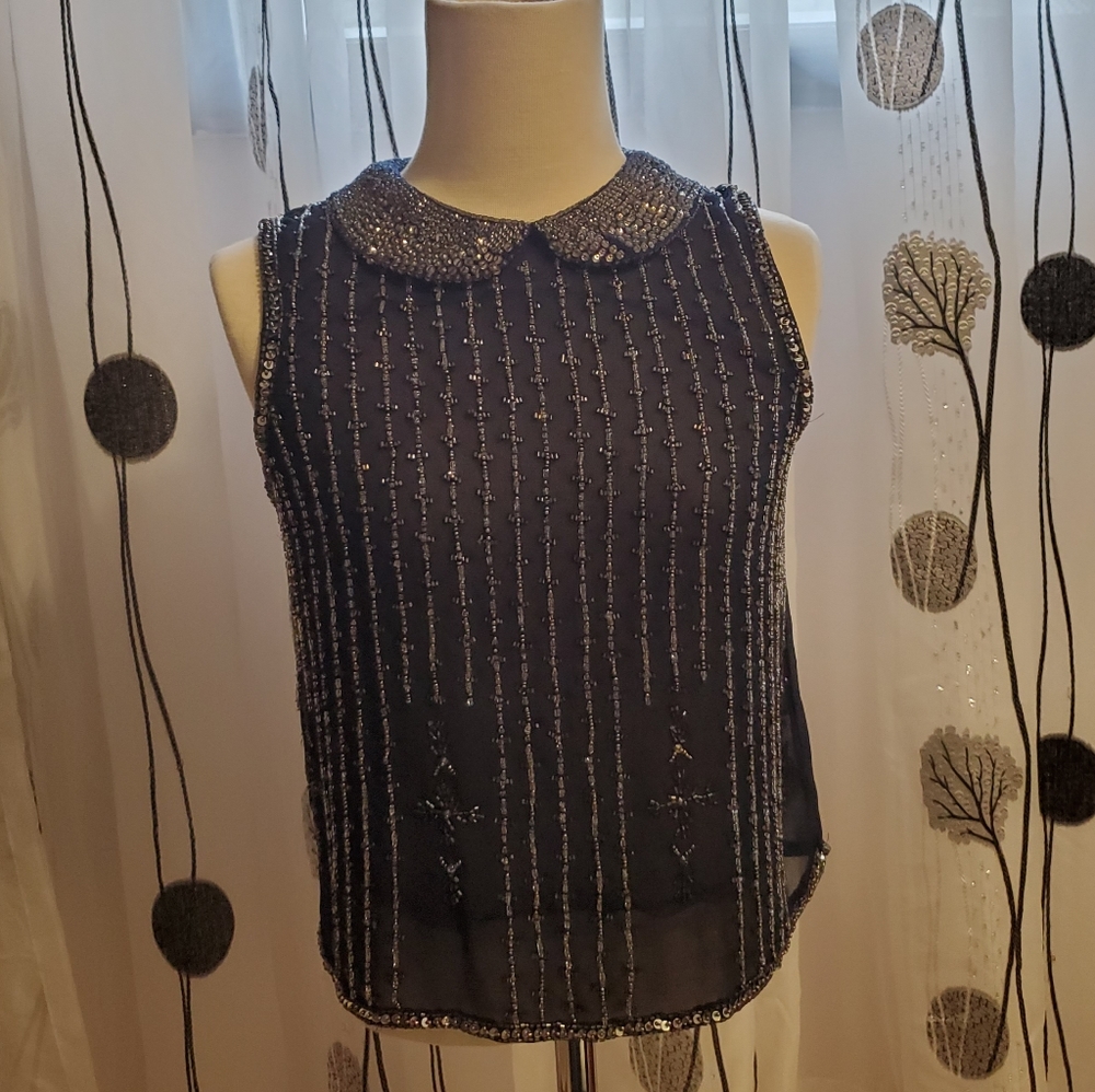 Zara heavily embellished navy blue top-xs